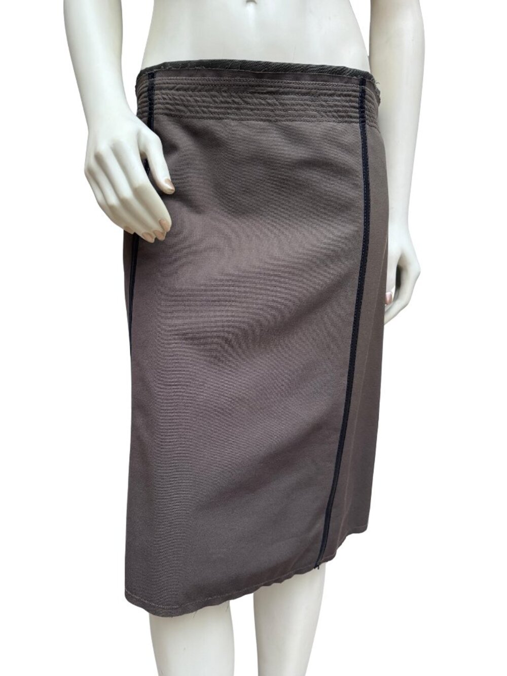 Prada Olive Brown Skirt Leather Piping Trim Raw Hem Sz 42 Italy